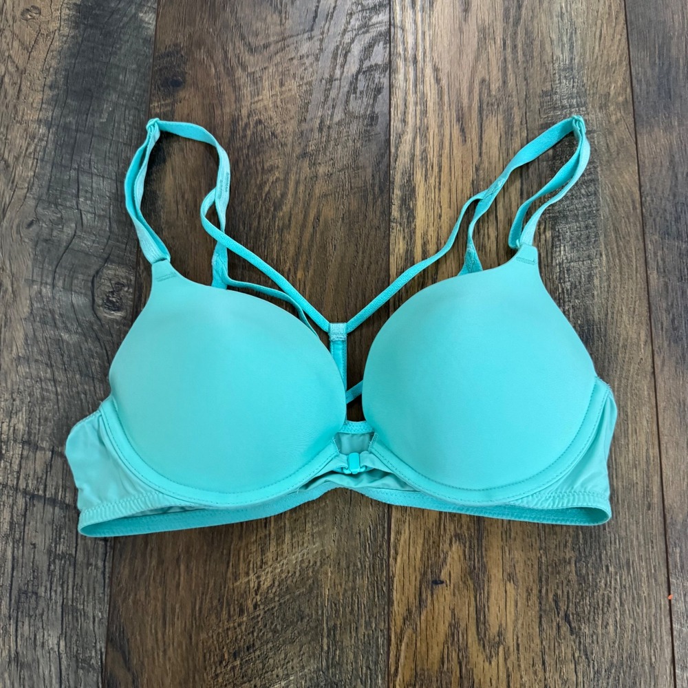 Victorias Secret Push Up Bra 34B Aqua Turquoise Front Close Strappy Cage Back